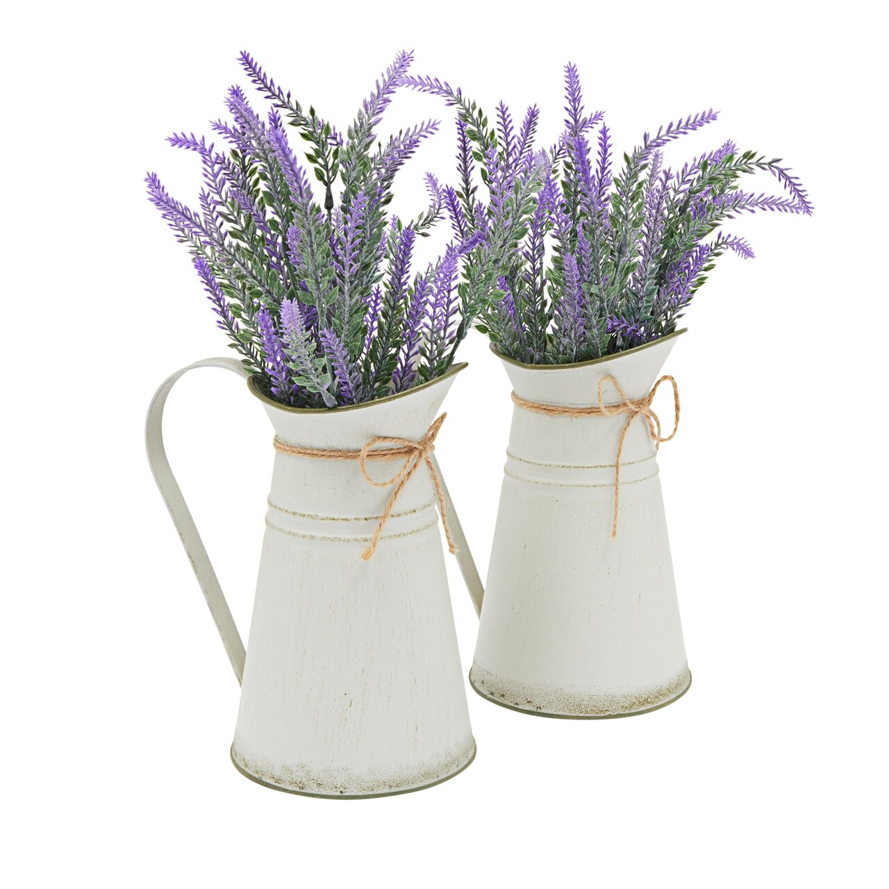 Set of 2 Artificial Lavender Flowers in Milk Jug Vase, Rustic Decorative Vase for Farmhouse Decor (15 In)